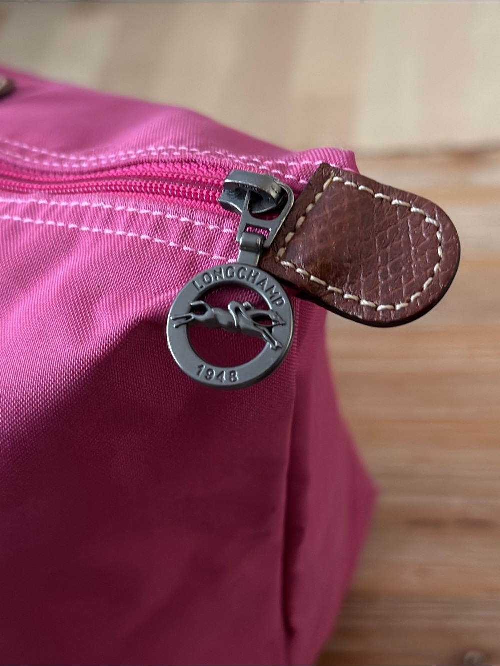 Longchamp Pink Nylon Tote with Brown Leather Trim - Picture 3 of 6